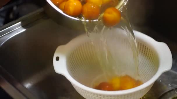 Woman Draining Water Boiled Plums — Vídeos de Stock