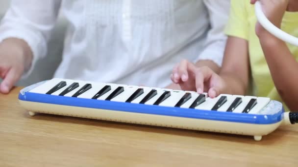 Orangtua Dan Anak Anak Berlatih Harmonika Keyboard — Stok Video