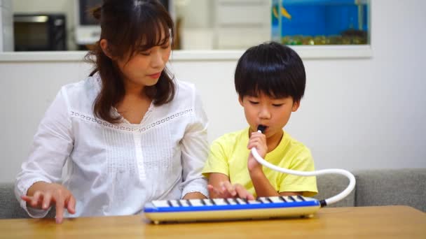 家长和儿童练习键盘口琴 — 图库视频影像