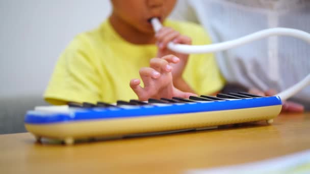 Padres Hijos Practicando Armónica Teclado — Vídeos de Stock