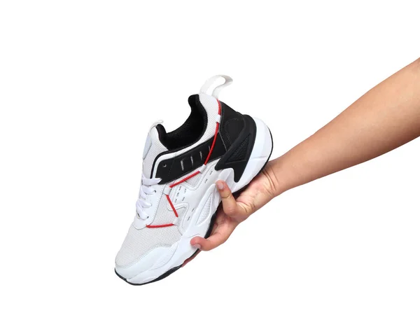 Κόκκινο Μαύρο Λευκό Αθλητικό Παπούτσι Στο Χέρι Απομονωμένο Λευκό Φόντο — Φωτογραφία Αρχείου