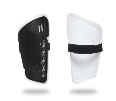 Beyaz arka planda siyah ve beyaz baldır koruyucuları var.