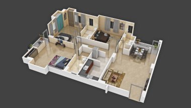 Kat planı üst görünüm. Açık gri arka planda izole edilmiş bir apartman dairesi. 3 Boyutlu Görünümü Görüntüle