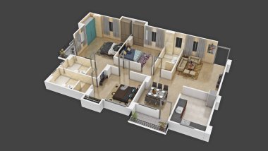 Kat planı üst görünüm. Açık gri arka planda izole edilmiş bir apartman dairesi. 3 Boyutlu Görünümü Görüntüle