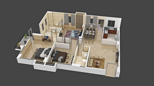 Plano Vista Superior Apartamento Residencial Interior Aislado Sobre Fondo Gris — Foto de Stock