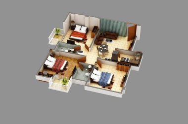 Kat planı üst görünüm. Açık gri arka planda izole edilmiş bir apartman dairesi. 3 Boyutlu Görünümü Görüntüle