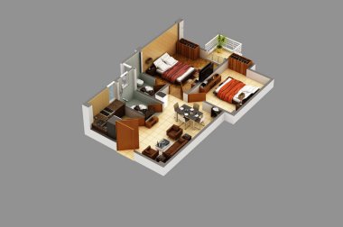 Kat planı üst görünüm. Açık gri arka planda izole edilmiş bir apartman dairesi. 3 Boyutlu Görünümü Görüntüle