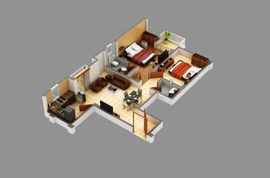 Kat planı üst görünüm. Açık gri arka planda izole edilmiş bir apartman dairesi. 3 Boyutlu Görünümü Görüntüle
