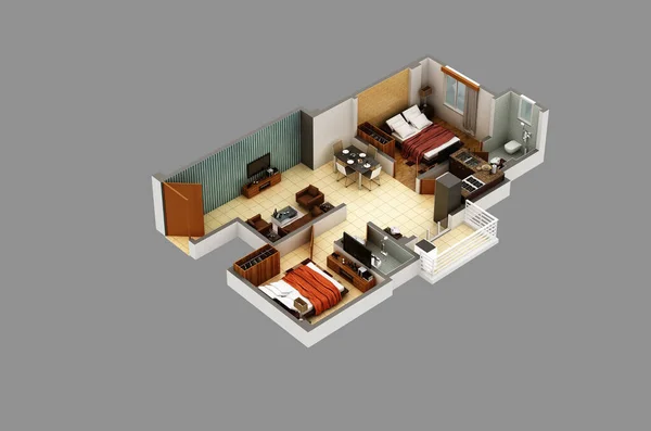 Vista Superior Plano Chão Apartamento Residencial Interior Isolado Sobre Fundo — Fotografia de Stock