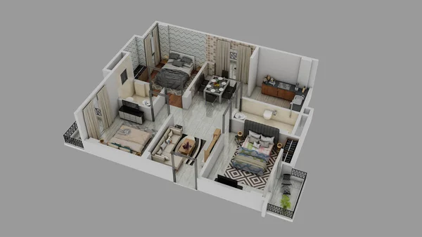 Plan Étage Vue Dessus Appartement Résidentiel Intérieur Isolé Sur Fond — Photo