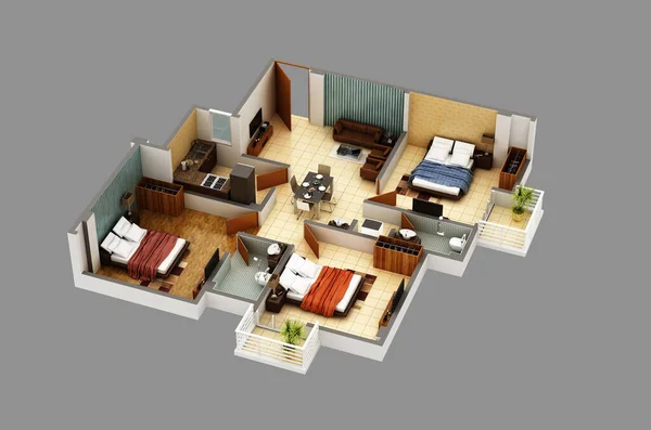 Plano Vista Superior Apartamento Residencial Interior Aislado Sobre Fondo Gris — Foto de Stock