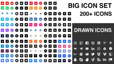 Kiev, Ukraine - April 25, 2022: Big set of different icons. 200 icons. Collection of different popular social media icons printed on white paper: facebook, instagram, whatsapp, twitter, pinterest etc.