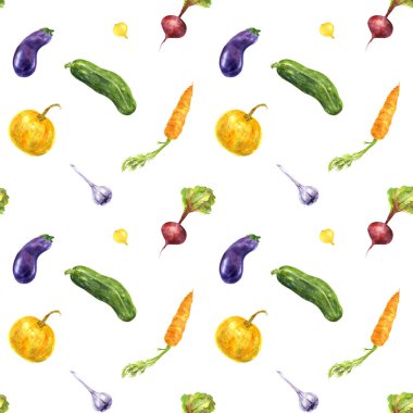 Beyaz arka planda suluboya kusursuz bahçe sebzeleri deseni.