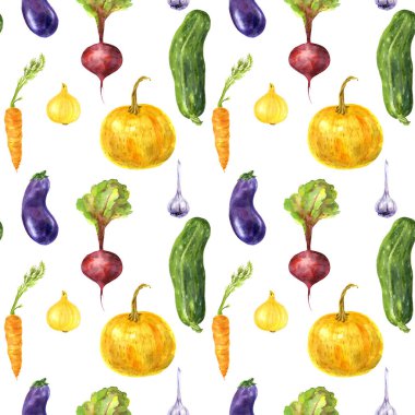 Bahçe sebzeleri, pancar, sarımsak, kabak, havuç, soğan, beyaz arka planda patlıcan. El çizimi illüstrasyon.