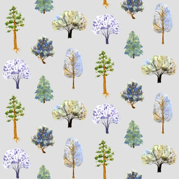 Zimní stromy hladký vzor na šedém pozadí. Ručně kreslený akvarel ilustrace. — Stock fotografie