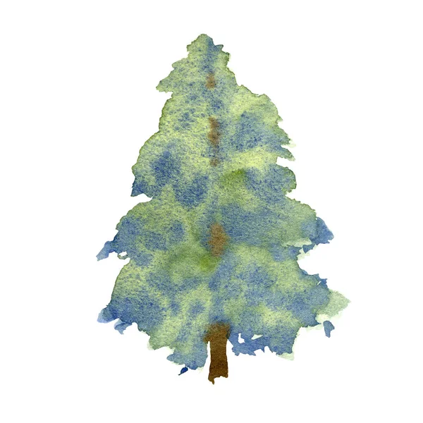 Acquerello blu abete rosso. Illustrazione disegnata a mano dell'albero invernale. Isolato su un terreno nero bianco. Per la decorazione — Foto Stock