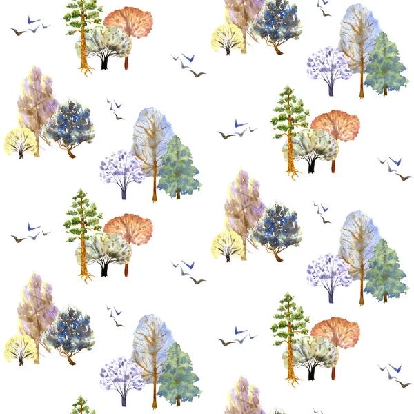 Inverno floresta sem costura padrão em um fundo branco. ilustração aquarela desenhada à mão — Fotografia de Stock