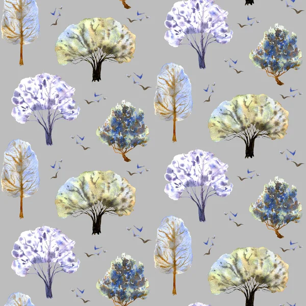 Bezproblémový vzor se zimními stromy na šedém pozadí. Les a ptáci modré barvy. Ručně kreslený akvarel. — Stock fotografie