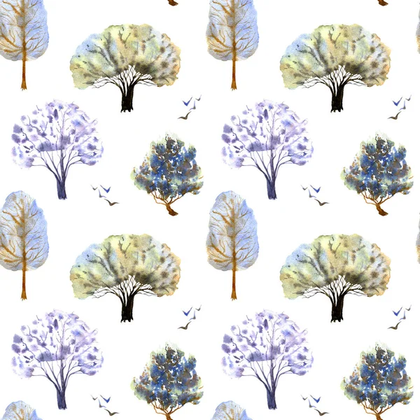 Modré stromy bezešvé vzor na bílém pozadí. Ručně kreslený akvarel ilustrace. — Stock fotografie