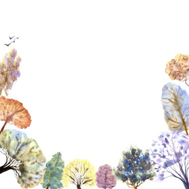 Beyaz arka planda orman kartı. Yaprak döken suluboya ve kozalaklı ağaçlar. Elle çizilmiş illüstrasyon. Çerçeve, davetiyeler