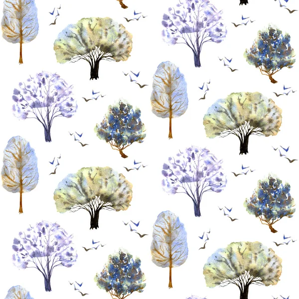 Stromy a ptáci hladký vzor na bílém. Ručně kreslený akvarel ilustrace. Pozadí, obal, tapety — Stock fotografie