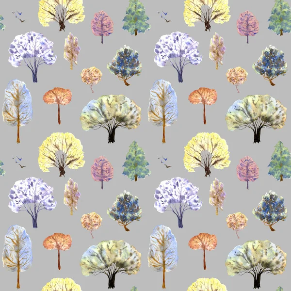 Multicolored forest seamless pattern on a gray background. watercolor illustration. Ornament, covers, wallpaper — Stock Photo, Image