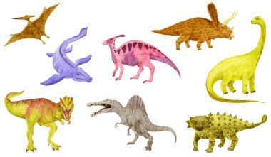 Dinozorlar beyaza izole edilmiş. Tyrannosaurus, Spinosaurus, Pteranodon, Ankylosaurus, Mosasaurus. Suluboya