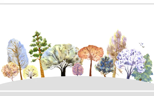 Vlajka zimního lesa na šedé půdě. Mnohobarevné stromy na bílém pozadí. Ručně kreslený akvarel ilustrace. — Stock fotografie