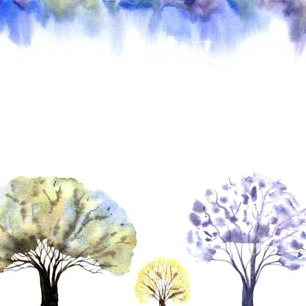 Ramka z trzema drzewami i błękitnym niebem. Wielokolorowe ręcznie rysowane ilustracje akwareli. Karty, karty, zaproszenia, pokrowce — Zdjęcie stockowe