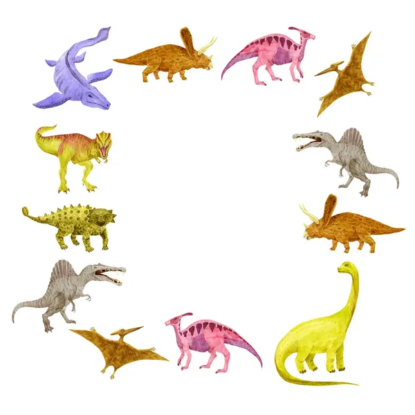 Dinozorlar beyazı davet ediyor. Suluboya Tyrannosaurus, Spinosaurus, Pteranodon, Ankylosaurus, Mosasaurus. Suluboya — Stok fotoğraf