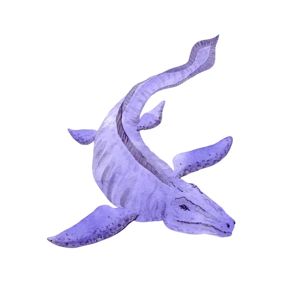 Мозазавр изолирован на белом. Водяной хищник динозавров фиолетового цвета. Акварель. Дизайн, детские вещи — стоковое фото