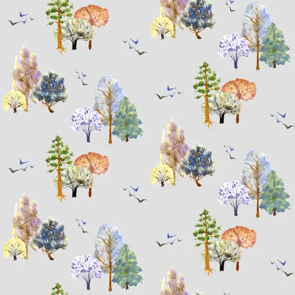 灰色の森のシームレスなパターン。オーク、松、鳥。手描き水彩イラスト。壁紙、背景、テキスタイル — ストック写真
