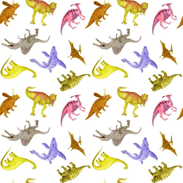 Pattern with watercolor dinosaurs on white. Seamless children illustration. For covering, textile, wallpaper. — Stock Photo, Image