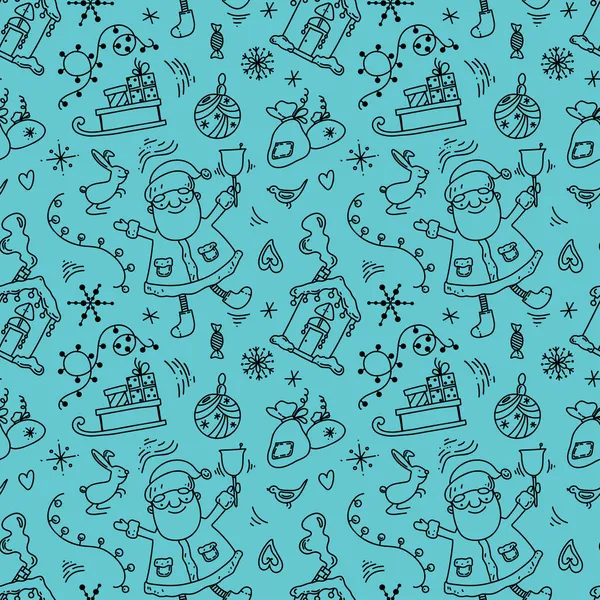 Patrón de Navidad en azul. Doodle Santa, casa, trineo, guirnalda, regalos. Ilustración vectorial sin fisuras. — Vector de stock
