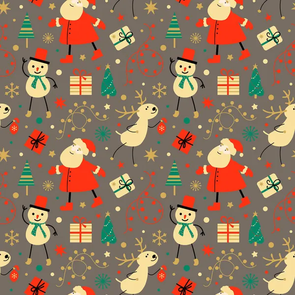 Lindo patrón de vector de Navidad. Papá Noel, muñeco de nieve, ciervos, regalos — Vector de stock