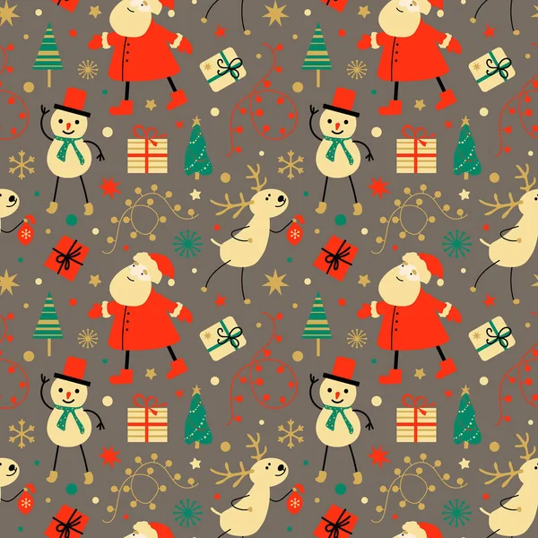 Cute Christmas vector pattern. Santa Claus, snowman, deer, gifts — Stock Vector