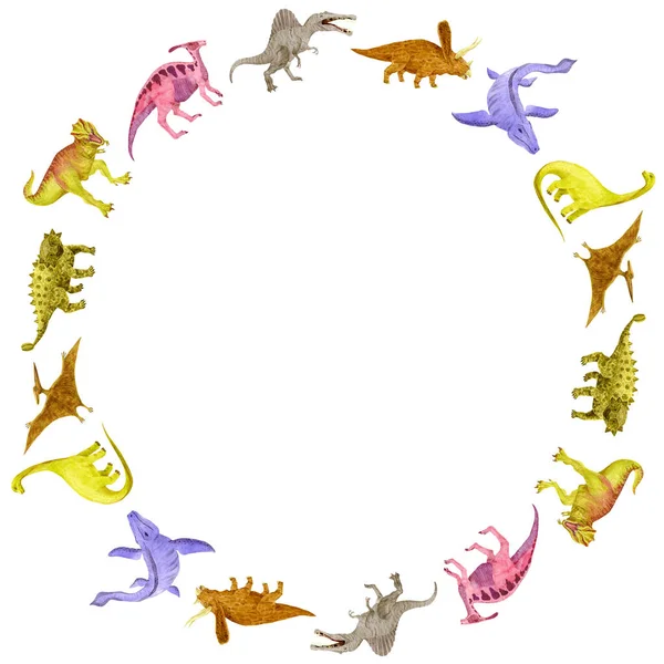 Венок динозавров на белом. Круглая акварель — стоковое фото