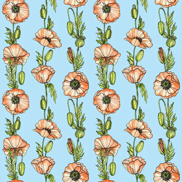 Poppies ontwerp op lichtblauwe achtergrond. Verticale naadloze bloemen patroon. Vintage schets bloemen — Stockfoto
