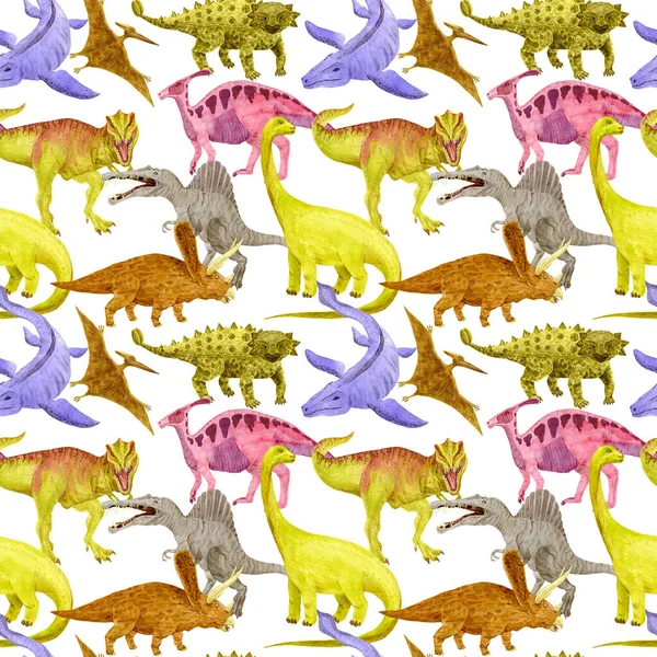 Dinosaurs. Repeating print with watercolor dinos on white. Children illustration. For covering, textile, wallpaper — Stock Photo, Image