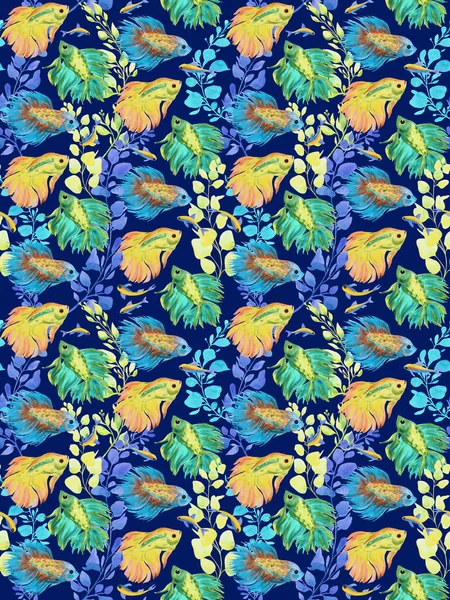 Fighting fish seamless print. Fighting fish, neons, aquatic plants on violet background. Watercolor illustration