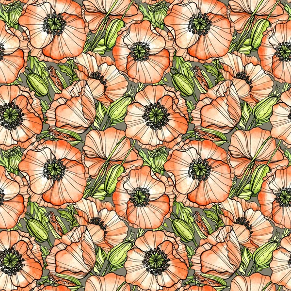 Poppies seamless print. Ink and watercolor flowers