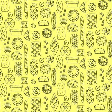 Fırın ürünleri modeli. Ekmek, ekmek, baget, kruvasan, kraker, salyangoz, turta. Vektör illüstrasyonu