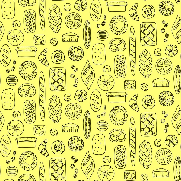 Bakery products pattern. Bread, loaf, baguette, croissant, pretzel, snail bun, pie in doodle style. Vector illustration