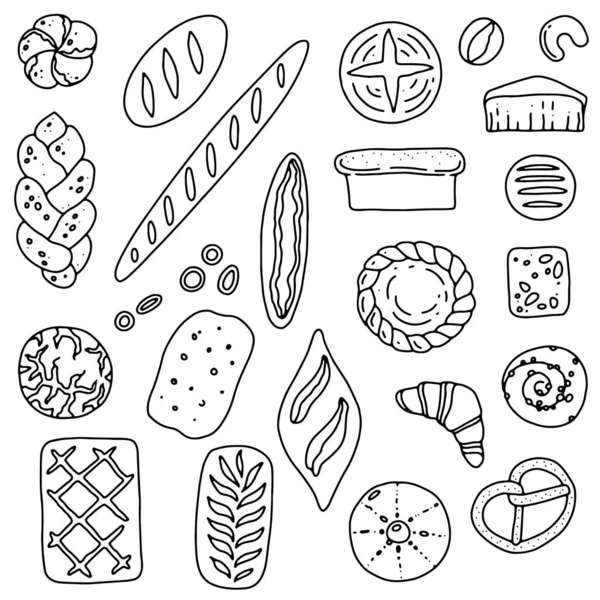 Set di prodotti da forno. Pane, pane, baguette, croissant, pretzel, panino alla lumaca, torta in stile doodle. Illustrazione vettoriale — Vettoriale Stock