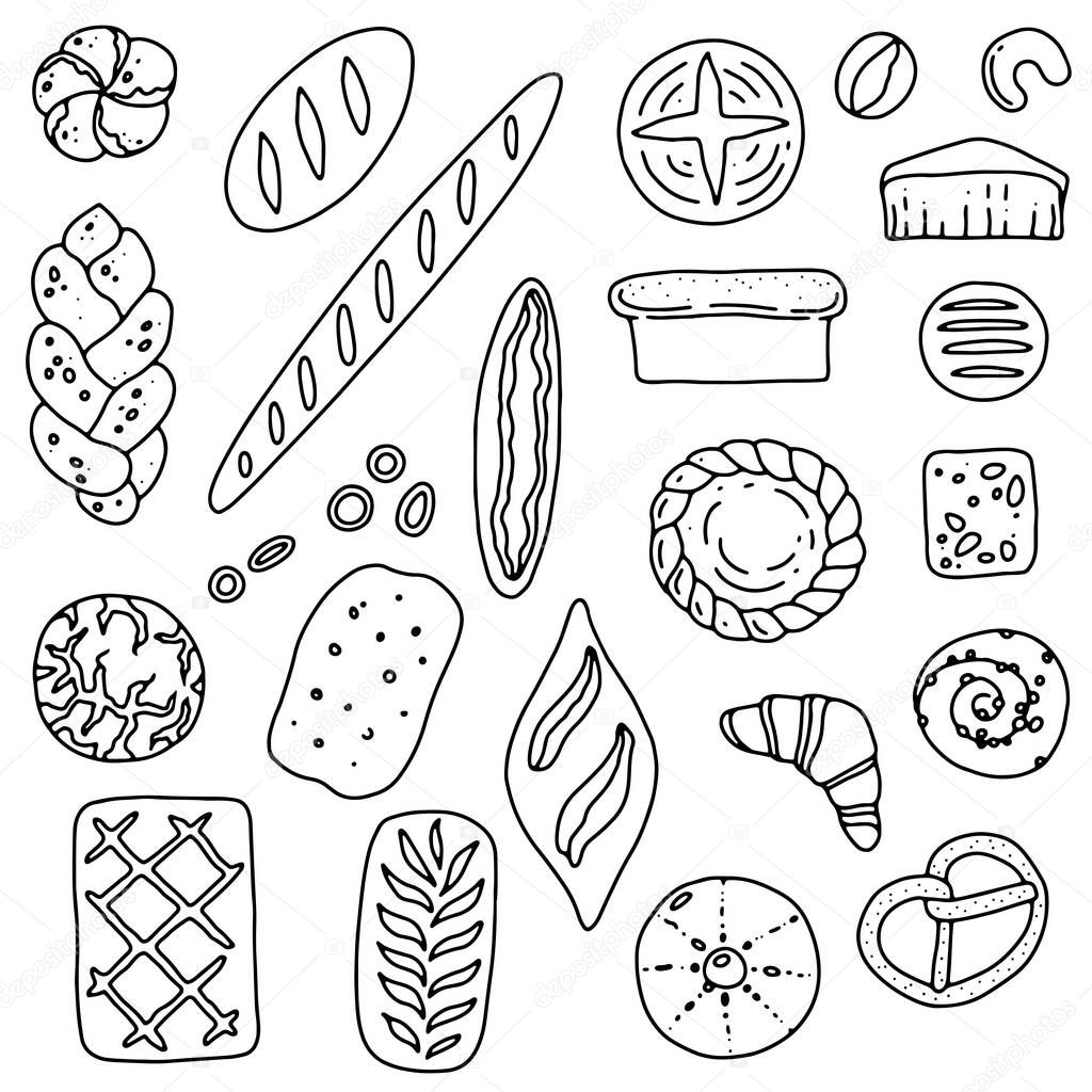 Bakery products set. Bread, loaf, baguette, croissant, pretzel, snail bun, pie in doodle style. Vector illustrtion