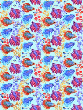 Su altı baskısı. Açık mavi arka planda balıklarla ve su bitkileriyle savaşmak. Suluboya çizimi