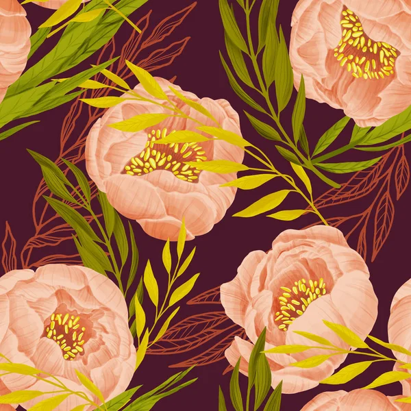 Burgundy 'deki şakayık desenleri. Pembe tomurcuklar ve yeşil yapraklar. Paketleme, duvar kağıdı, tekstil