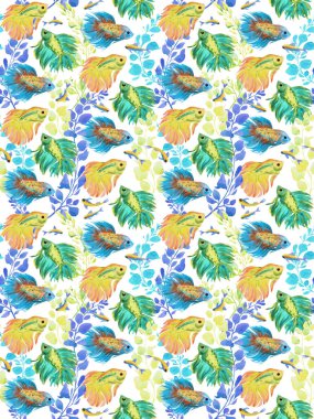 Akvaryum balığı izi. Beyaz arka planda kusursuz dövüşen balıklar ve su bitkileri. Suluboya çizimi