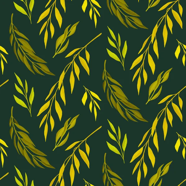 Feuilles imprimées sur fond vert foncé. Illustration pour emballage, couverture, papier peint, textile — Photo