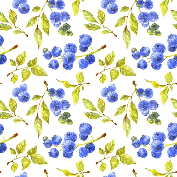 Blueberry sem costura padrão. Folhas verdes e bagas maduras no fundo branco. Ilustração aquarela — Fotografia de Stock